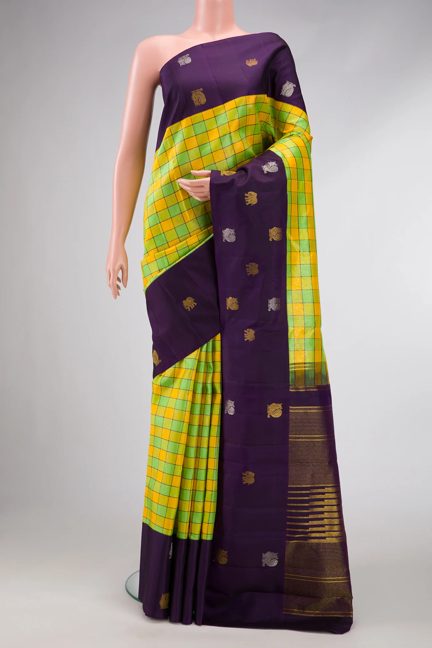 Pure Silk Pure Zari Green and Yellow Color Kanjivaram Saree