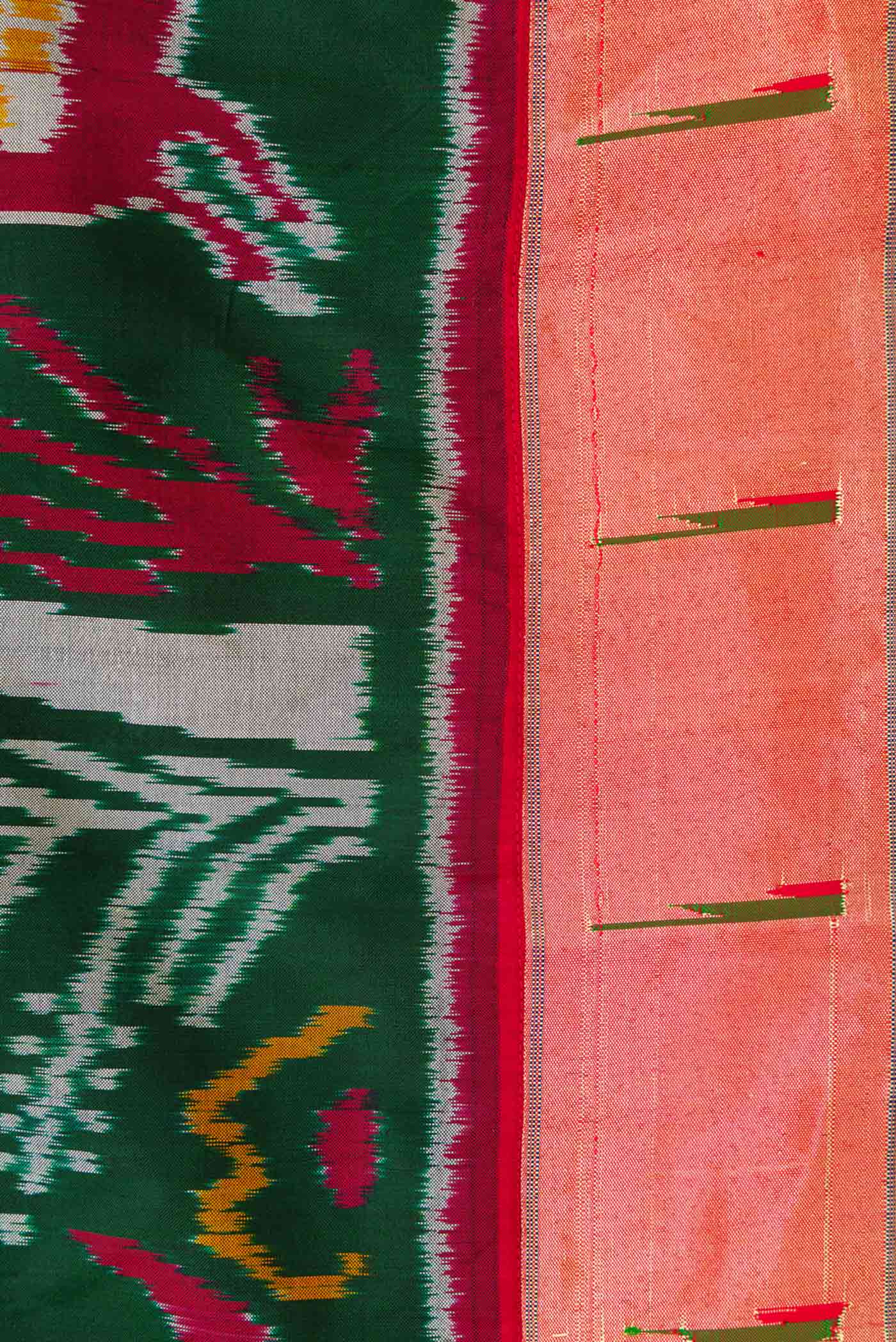 Pure Silk Pure Zari Green Dual Tone Double Ikat Saree - Image 3