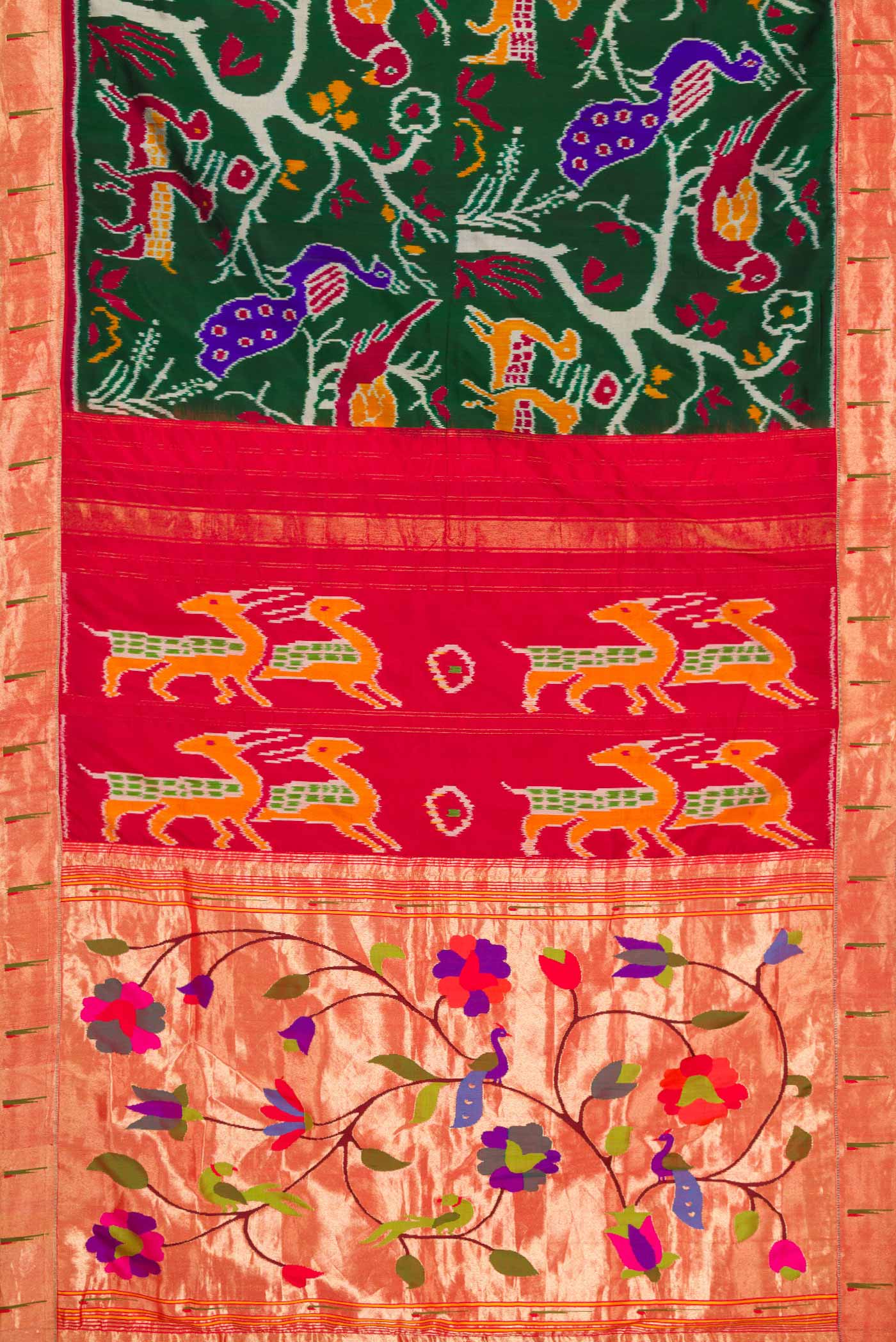 Pure Silk Pure Zari Green Dual Tone Double Ikat Saree - Image 6