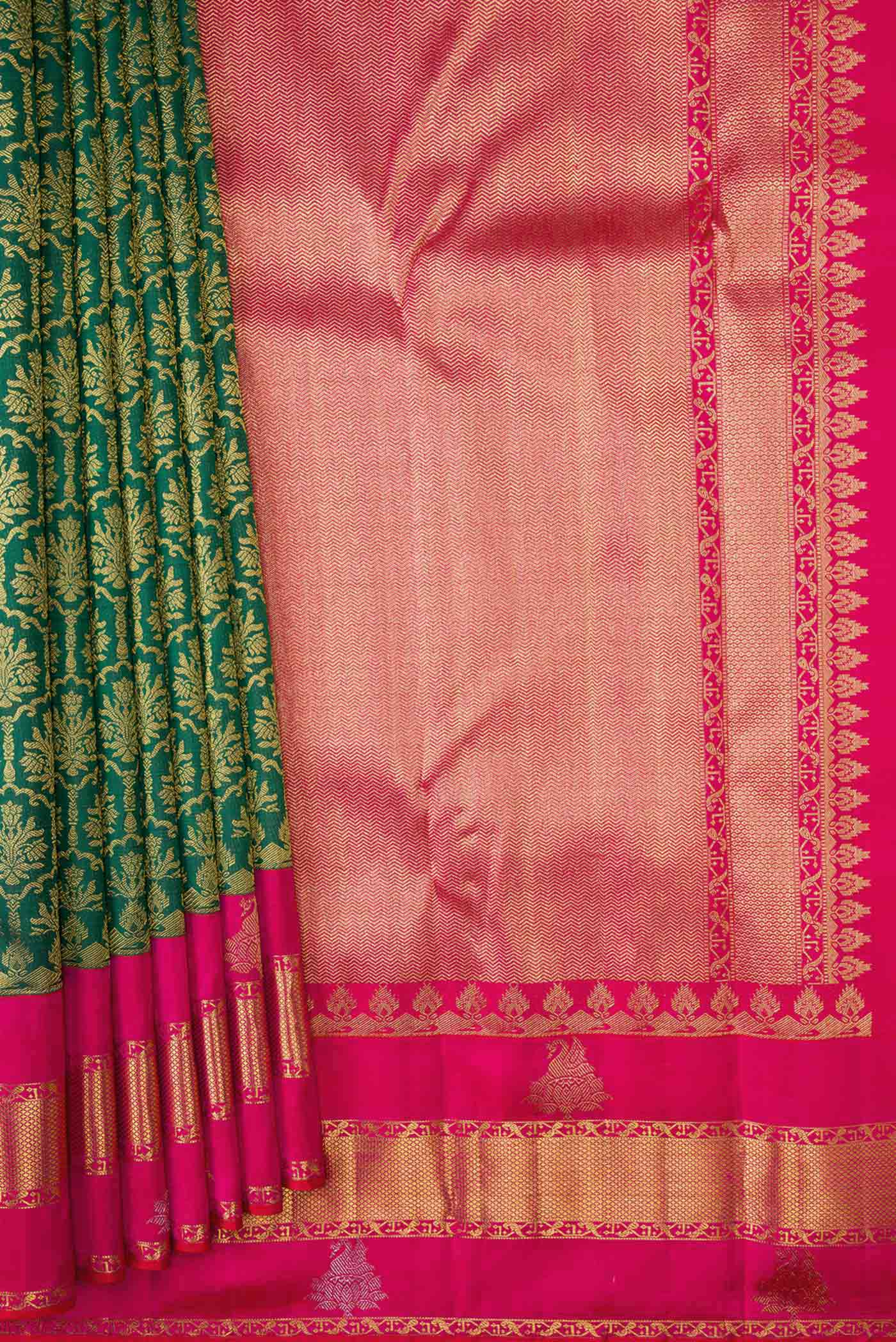 Pure Silk Pure Zari Green Dual Tone Kanjivaram Saree - Image 4
