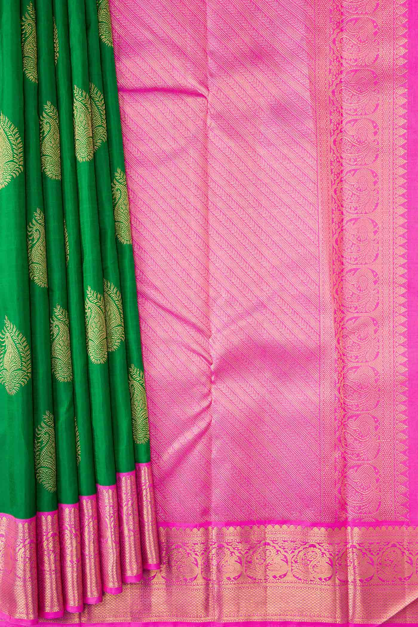 Pure Silk Pure Zari Green Dual Tone Kanchipuram Saree - Image 4