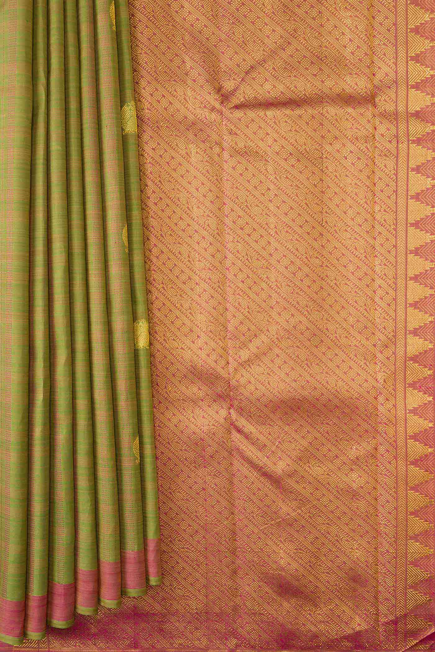 Pure Silk Pure Zari Green Dual Tone Kanjivaram Saree - Image 4