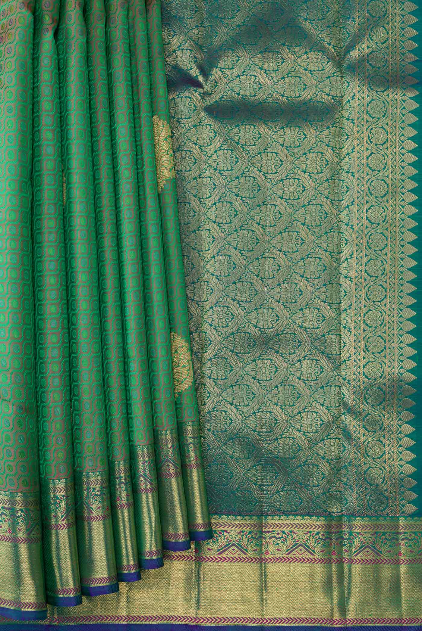 Pure Silk Pure Zari Green Kanchipuram Saree - Image 4