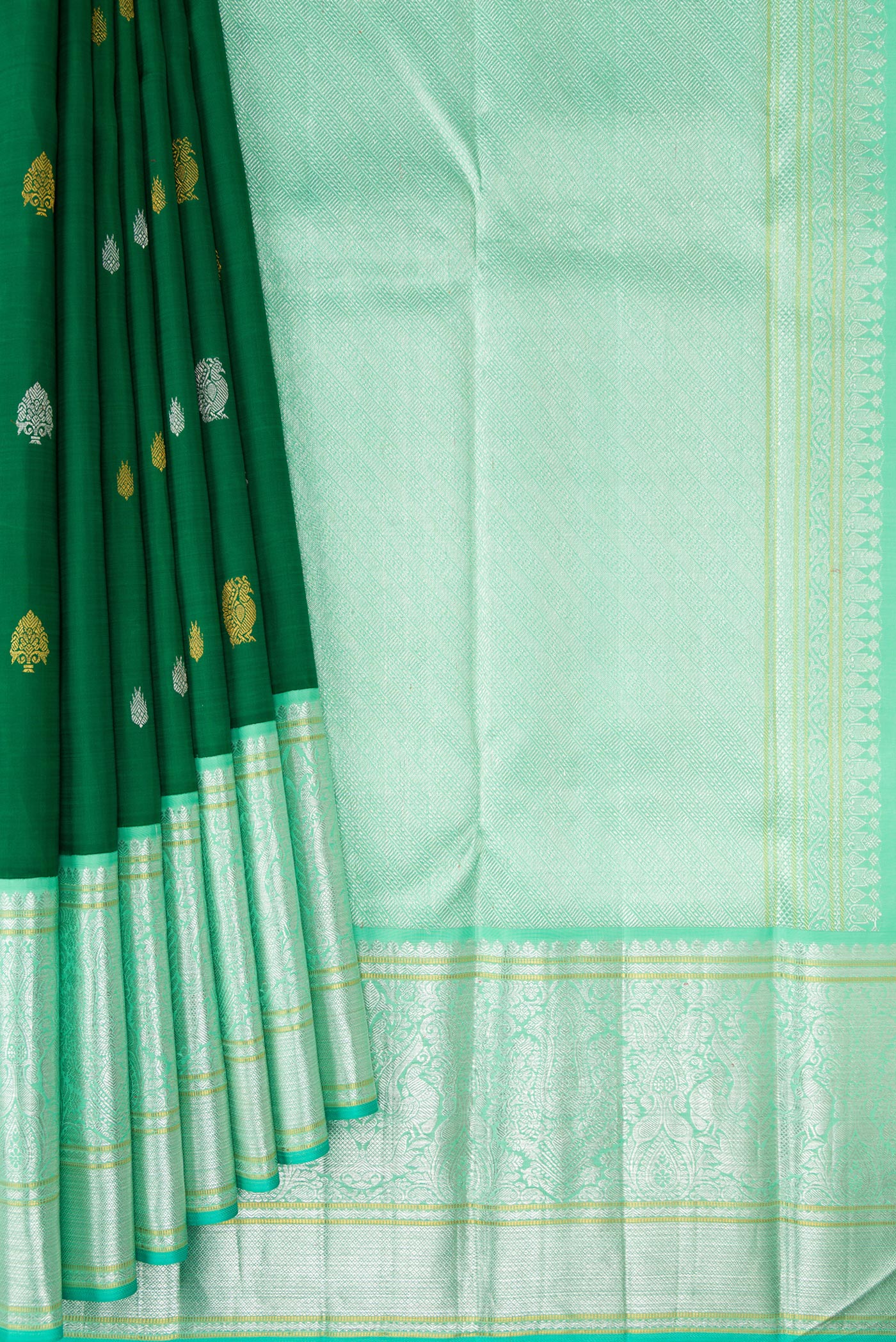 Pure Silk Pure Zari Green Kanchipuram Saree - Image 4
