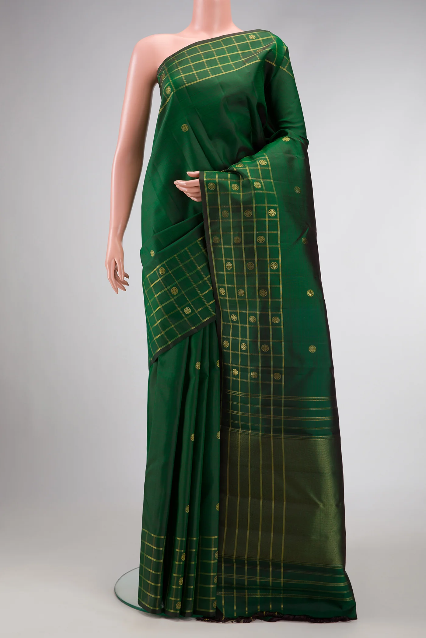Pure Silk Pure Zari Bottle Green Kanchipuram Saree