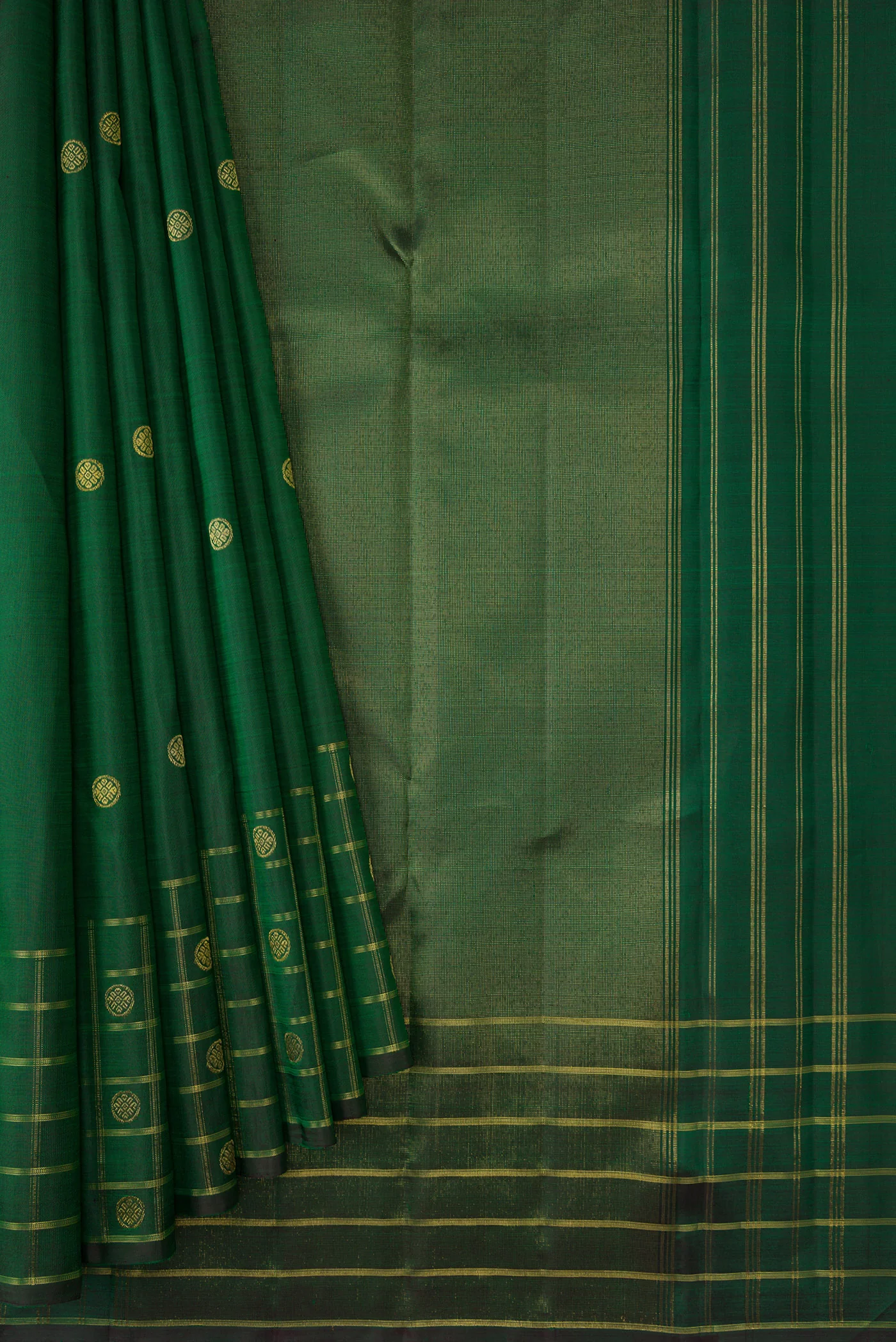 Pure Silk Pure Zari Bottle Green Kanchipuram Saree - Image 4