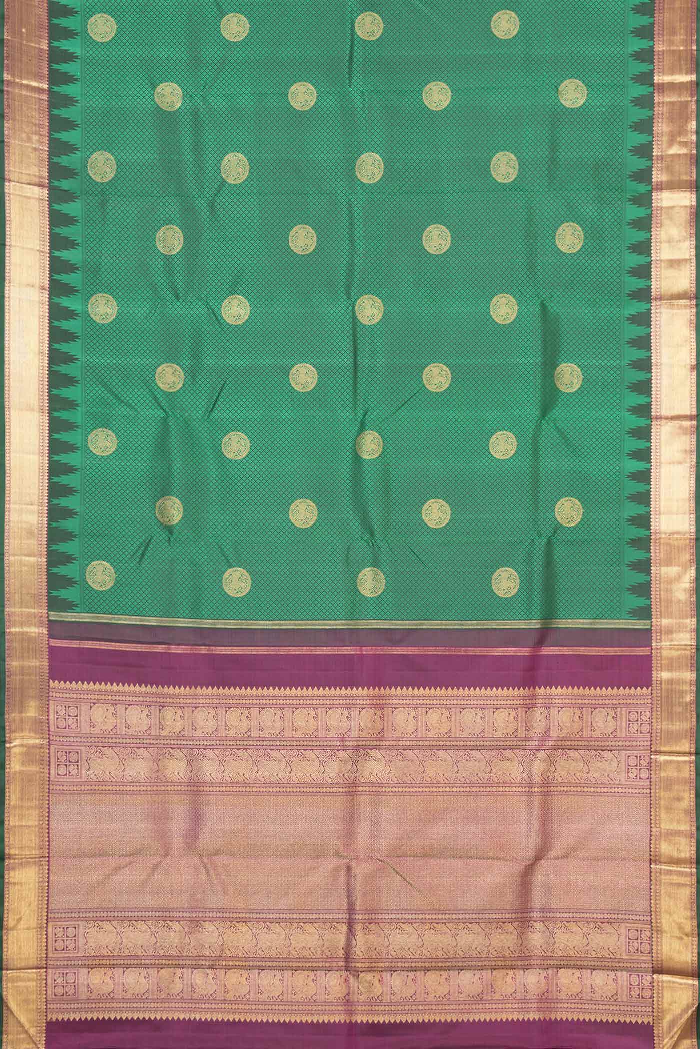 Pure Silk Pure Zari Green Dual Tone Kanchipuram Saree - Image 6