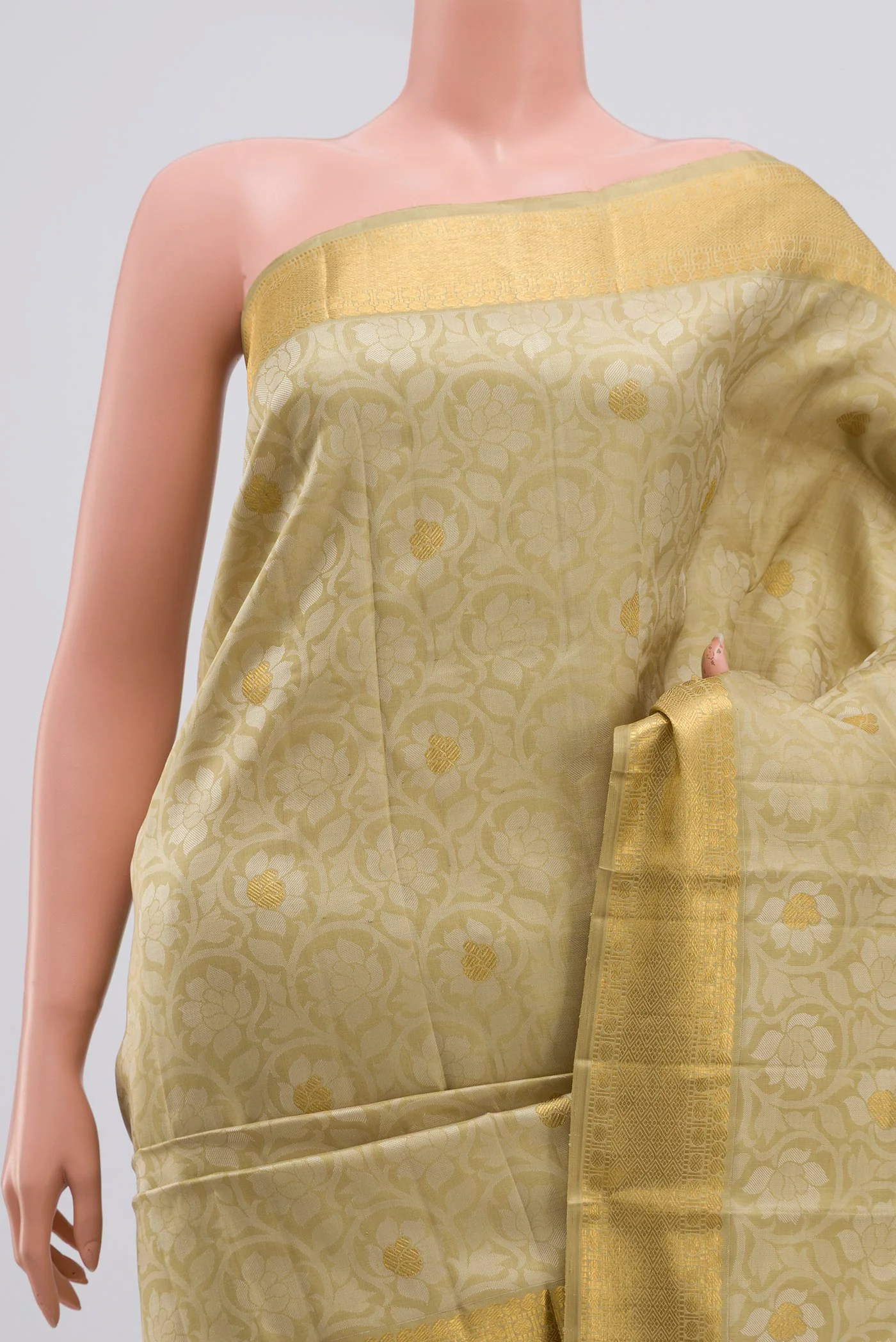 Pure Silk Pure Zari Beige Kanjivaram Saree - Image 2