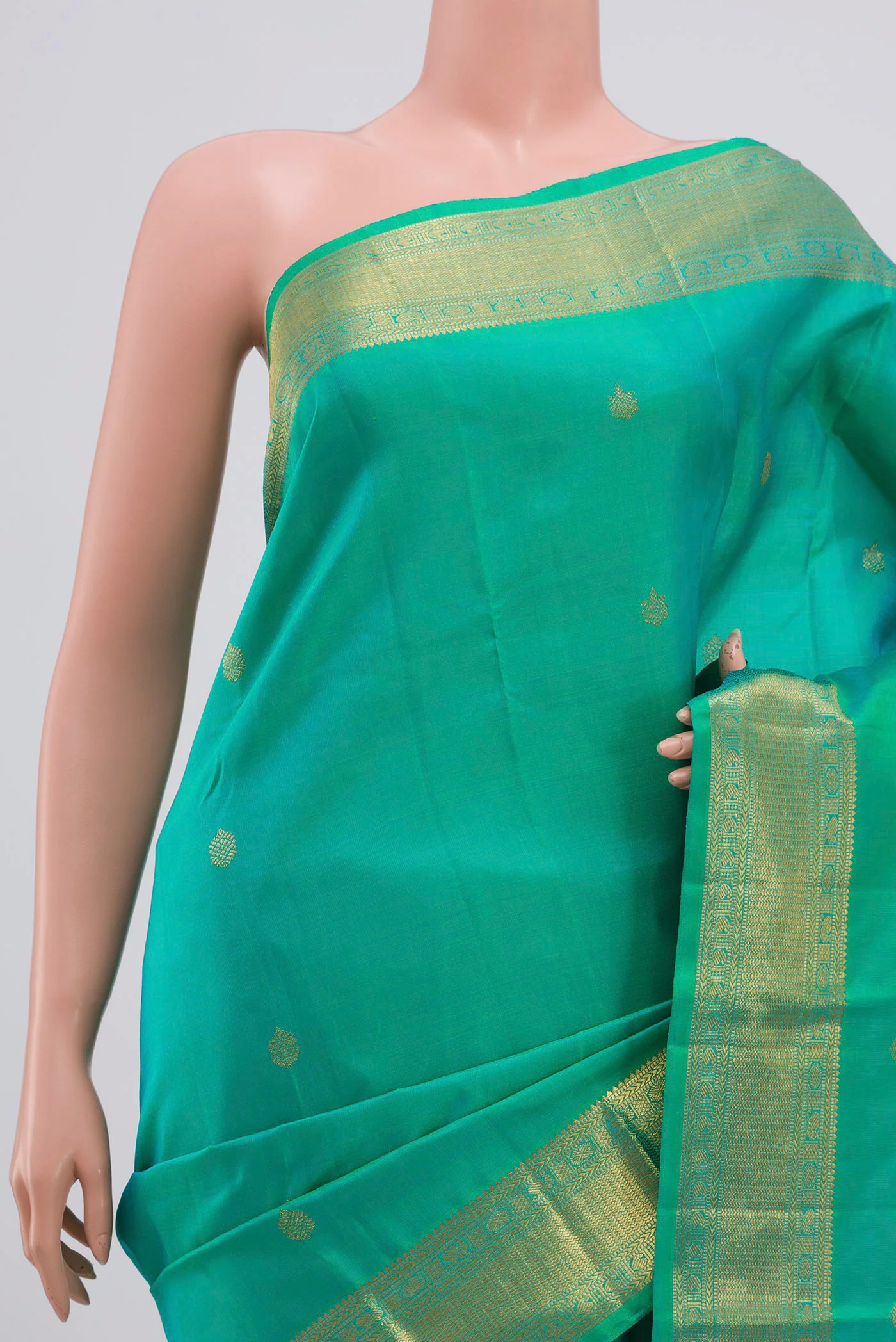 Pure Silk Pure Zari Turquoise Kanjivaram Saree - Image 2