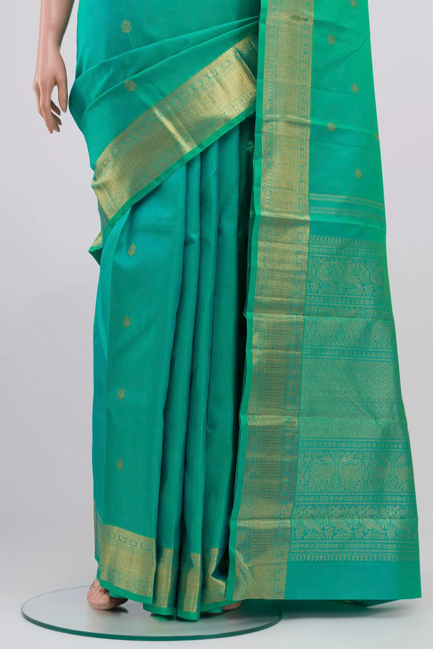 Pure Silk Pure Zari Turquoise Kanjivaram Saree - Image 3