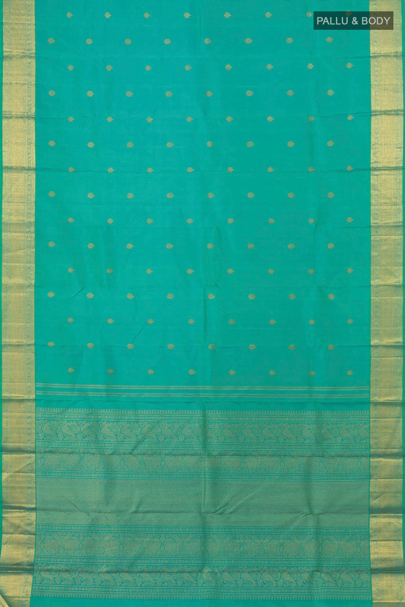Pure Silk Pure Zari Turquoise Kanjivaram Saree - Image 5