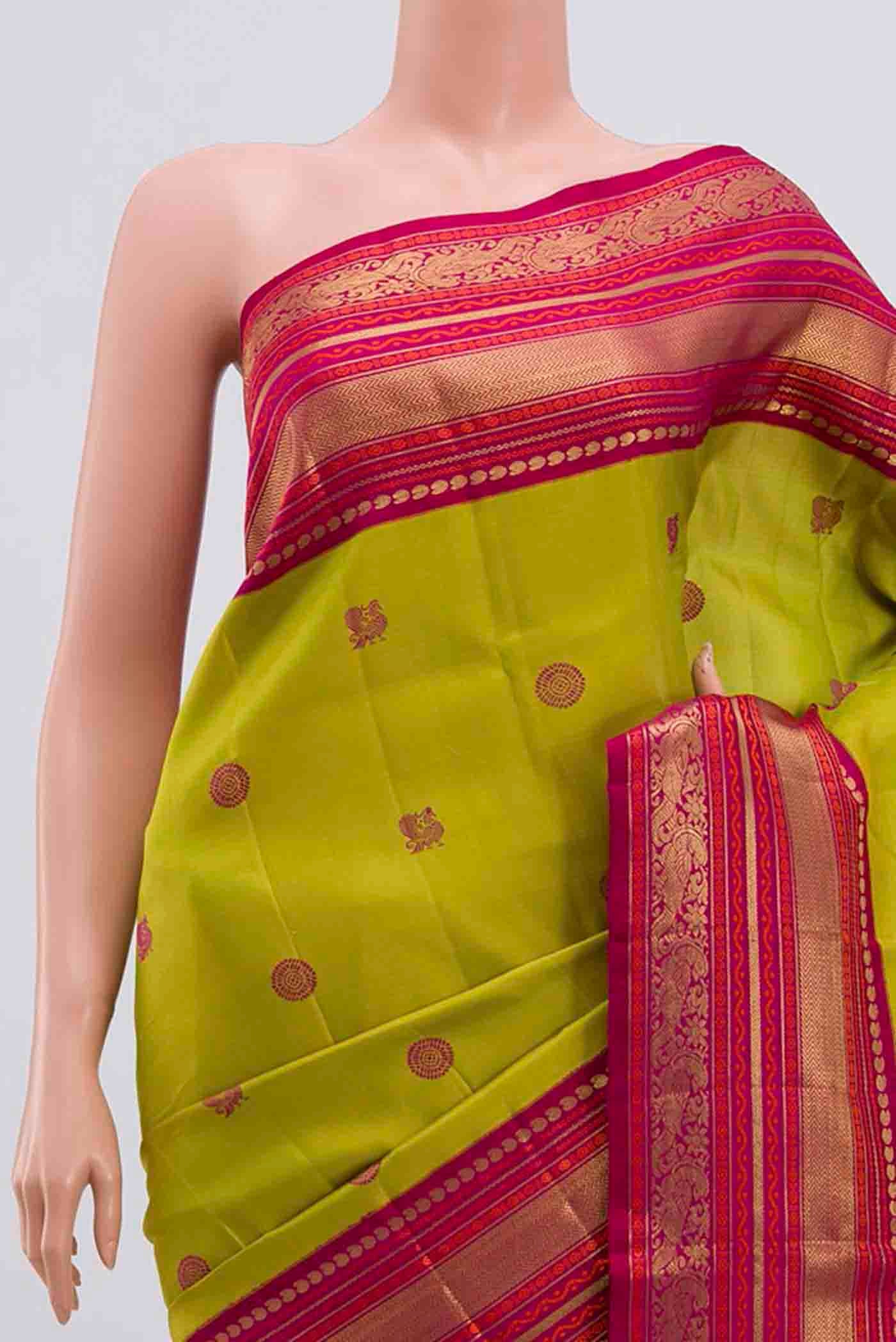 Pure Silk Pure Zari Parrot Green Kanchipuram Saree - Image 2