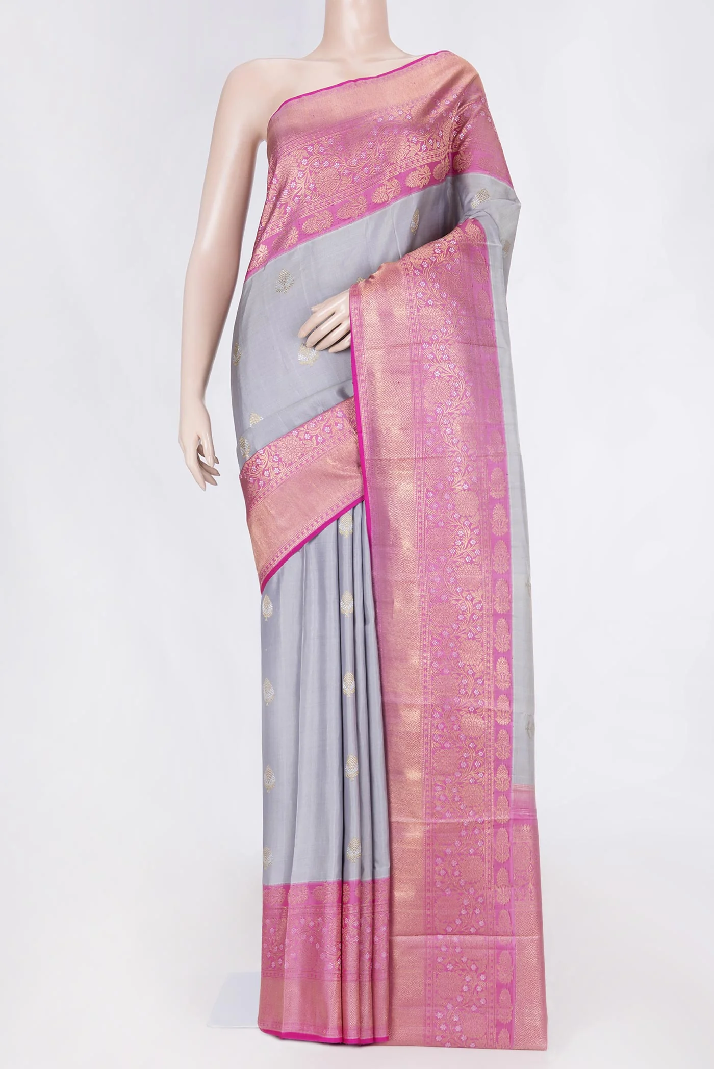 Pure Silk Pure Zari Grey Dual Tone Kanjivaram Saree