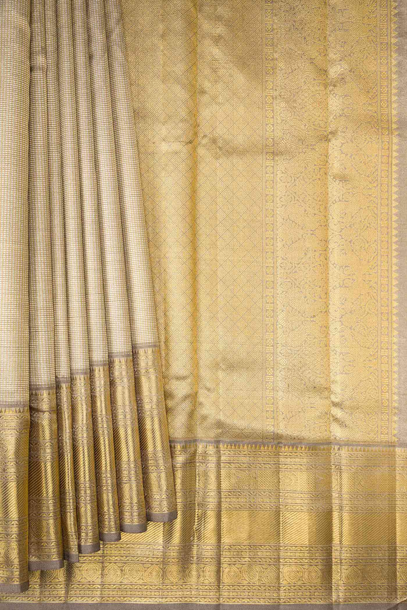 Pure Silk Pure Zari Grey Dual Tone Kanjivaram Tissue Saree - Image 4