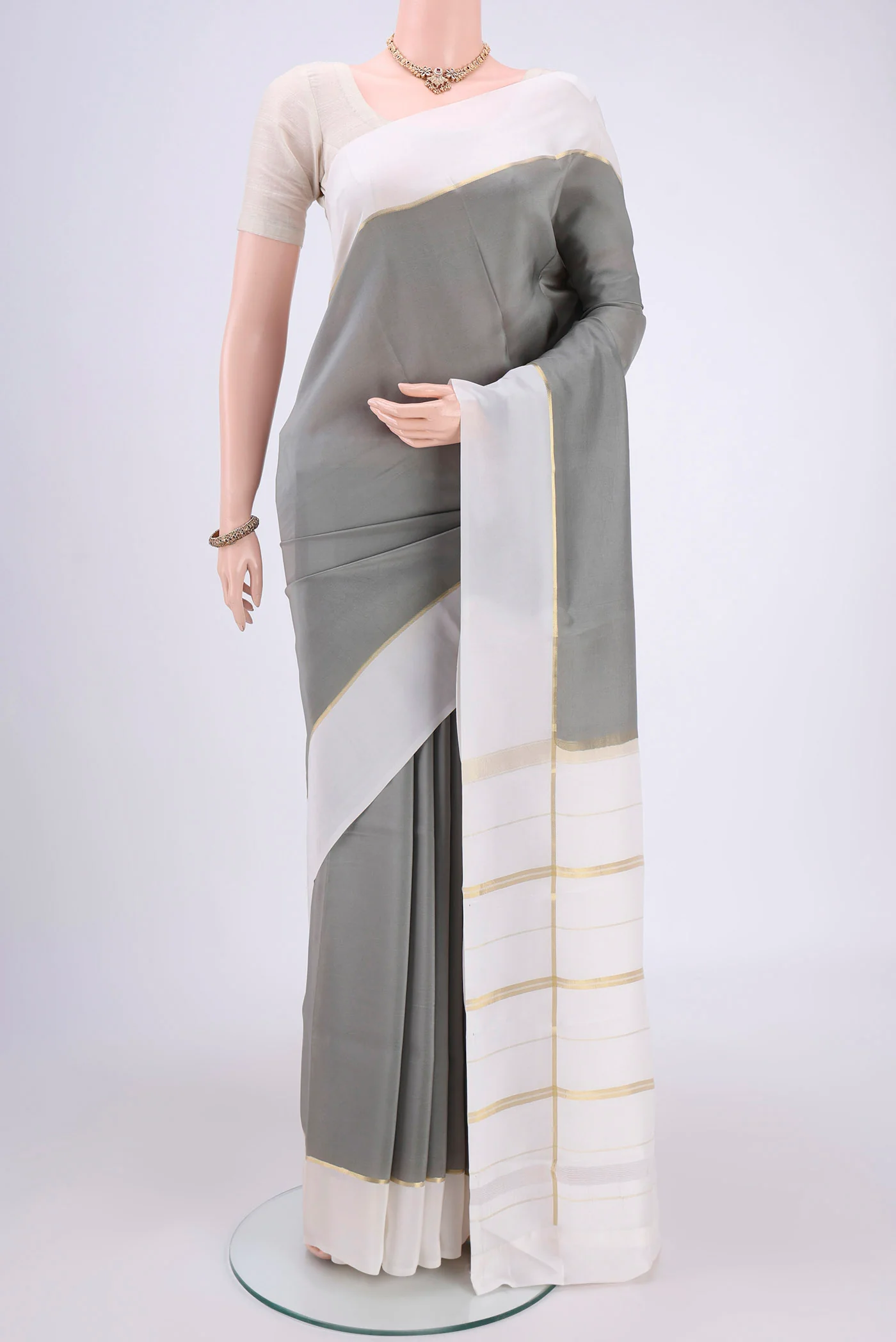 Pure Silk Pure Zari Grey Mysore Crepe Saree