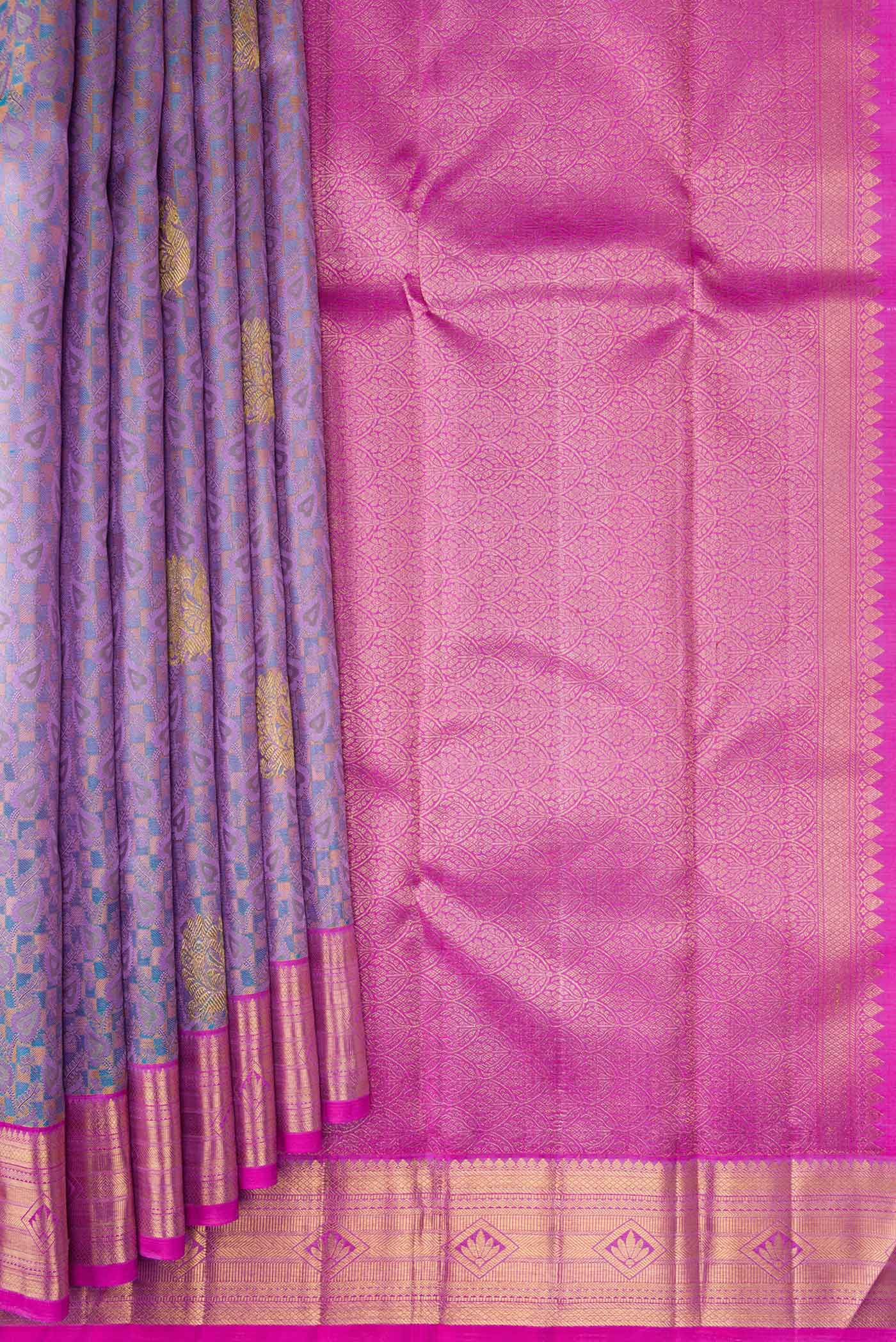 Pure Silk Pure Zari Lavender Kanchipuram Saree - Image 4