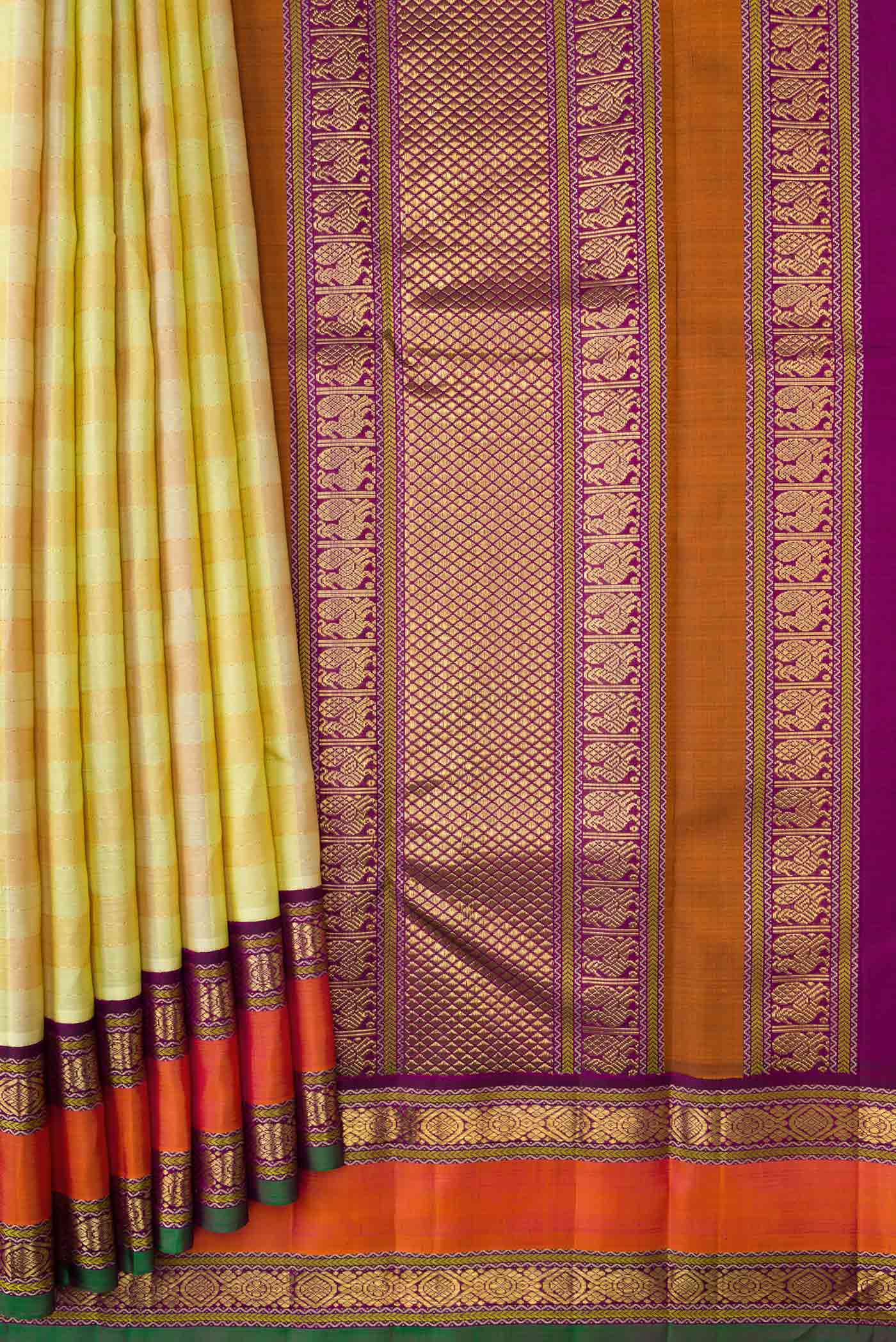 Pure Silk Pure Zari Lemon Yellow and Mustard Color Kanjivaram Saree - Image 4
