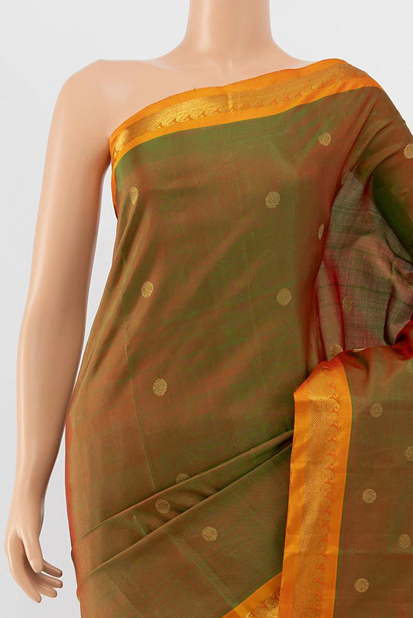 Pure Silk Pure Zari Green with Orange Color Kanchipuram Saree - Image 2