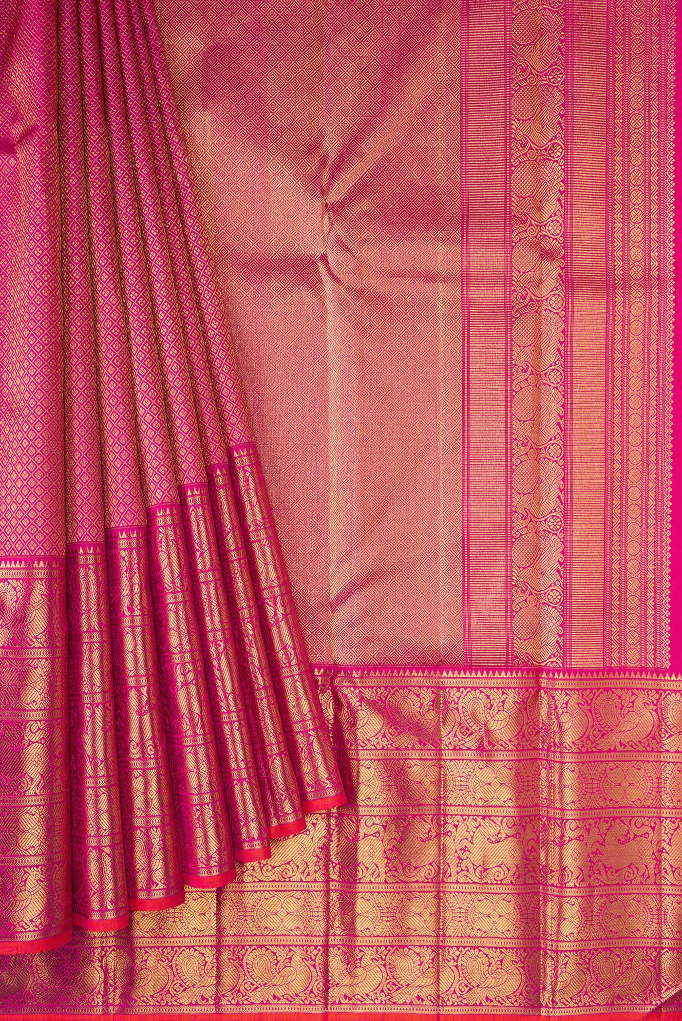Pure Silk Pure Zari Rani Pink Kanjivaram Saree - Image 4