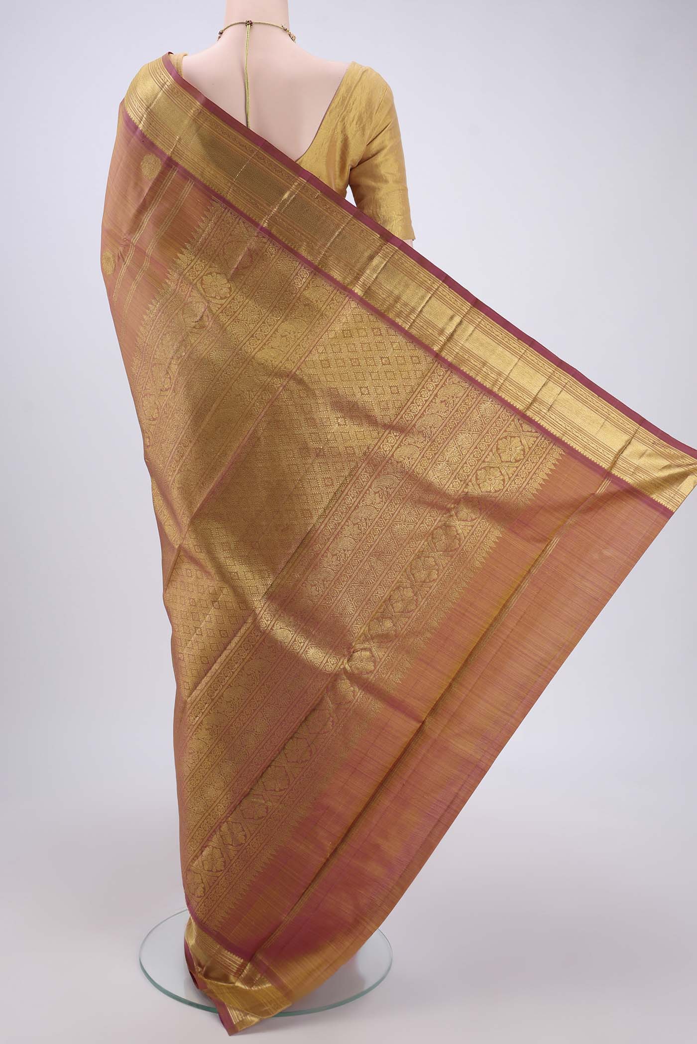 Pure Silk Pure Zari Pinkish Yellow Dual Tone Kanchipuram Saree - Image 3