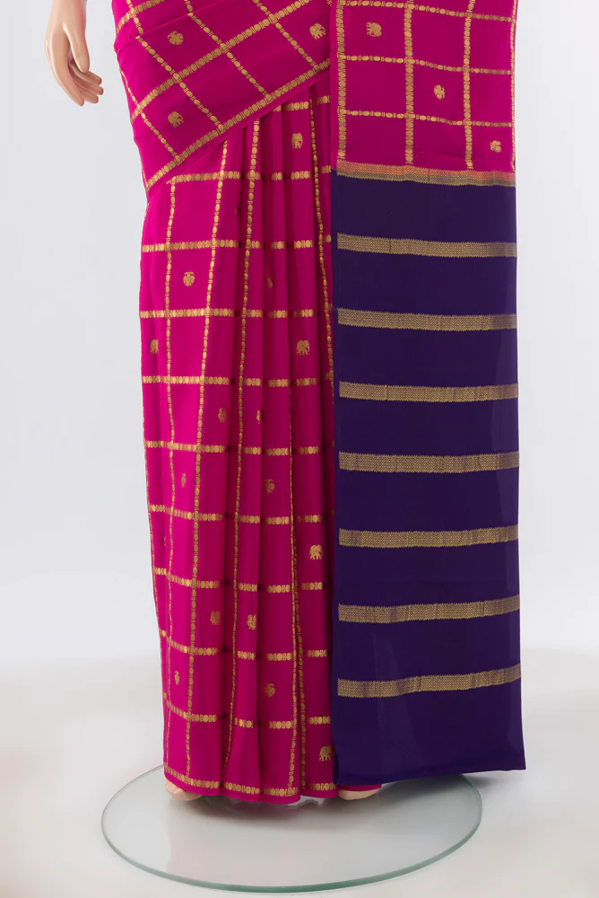 Pure Silk Pure Zari Rani Pink Mysore Crepe Saree - Image 3
