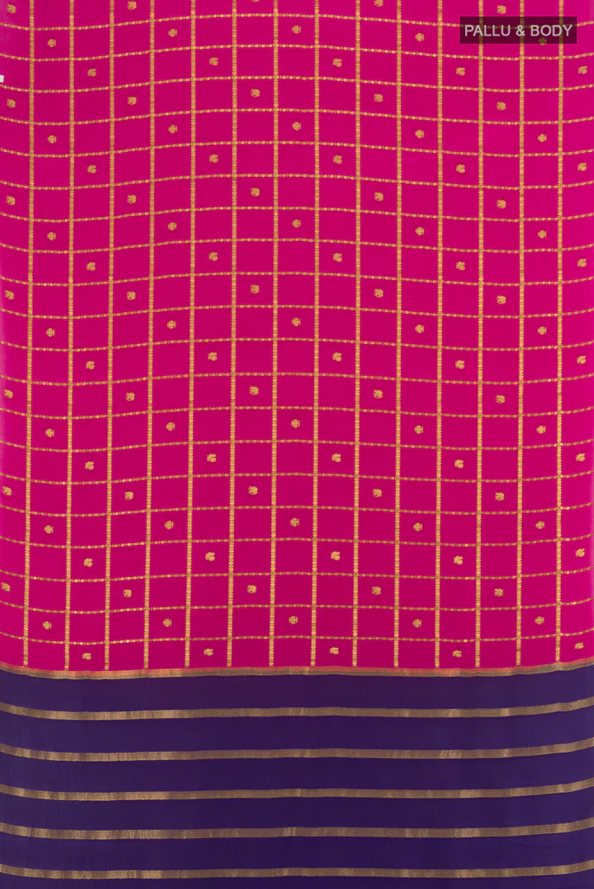 Pure Silk Pure Zari Rani Pink Mysore Crepe Saree - Image 5