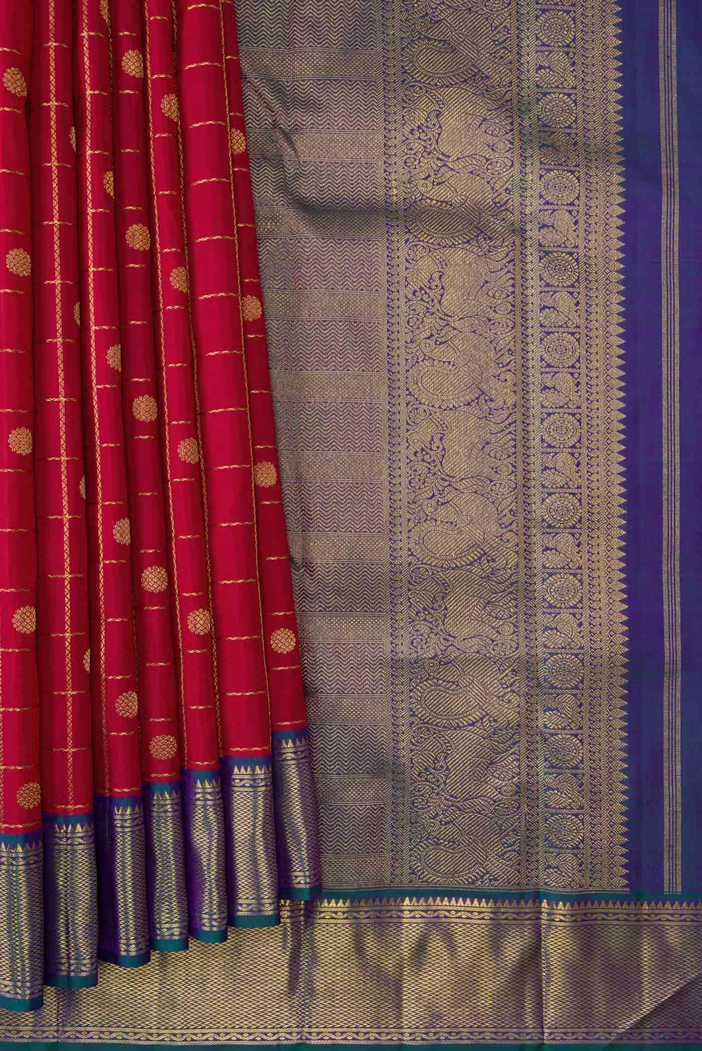 Pure Silk Pure Zari Maroon Dual Tone Kanjivaram Saree - Image 4