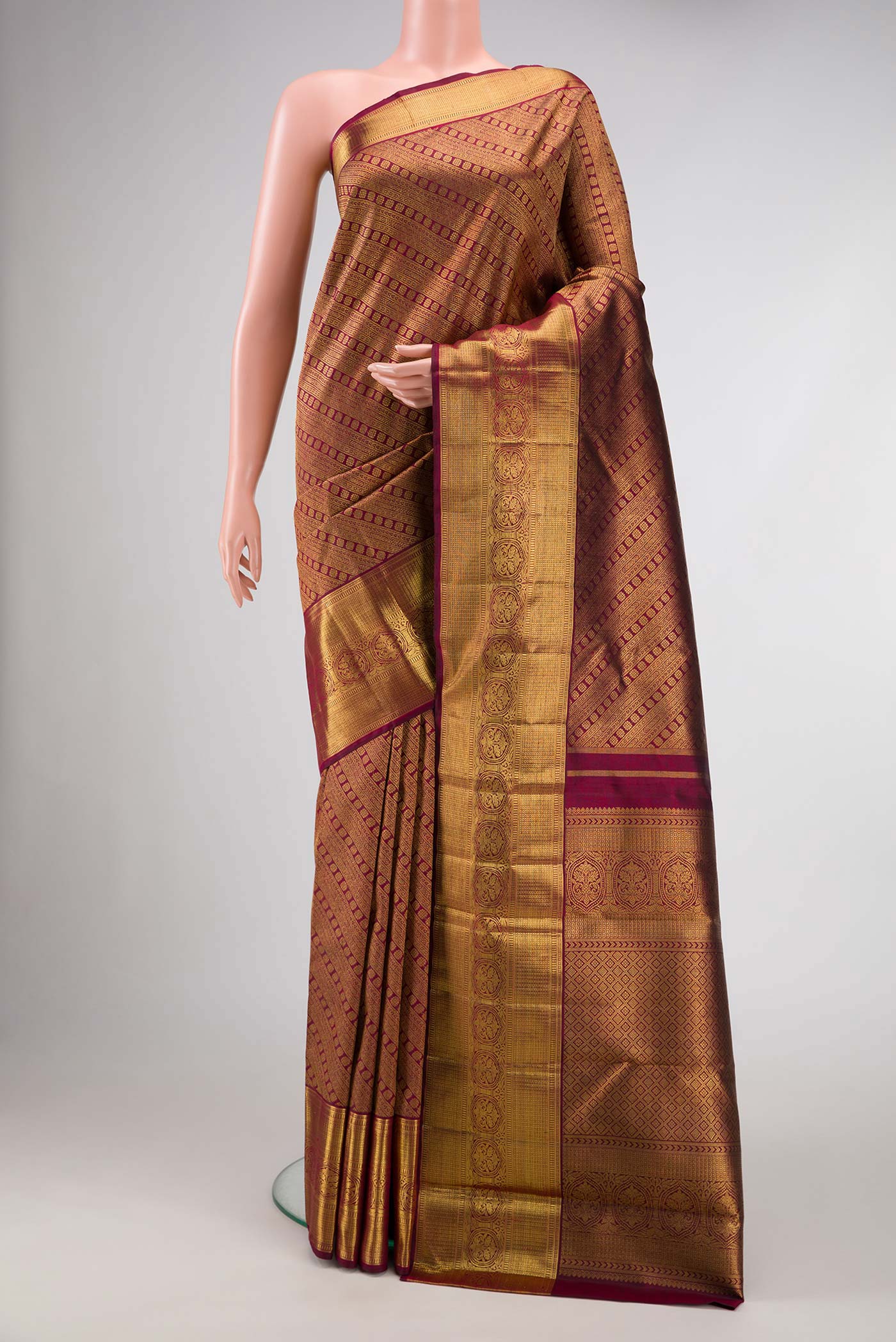 Pure Silk Pure Zari Maroon Dual Tone Kanjivaram Saree