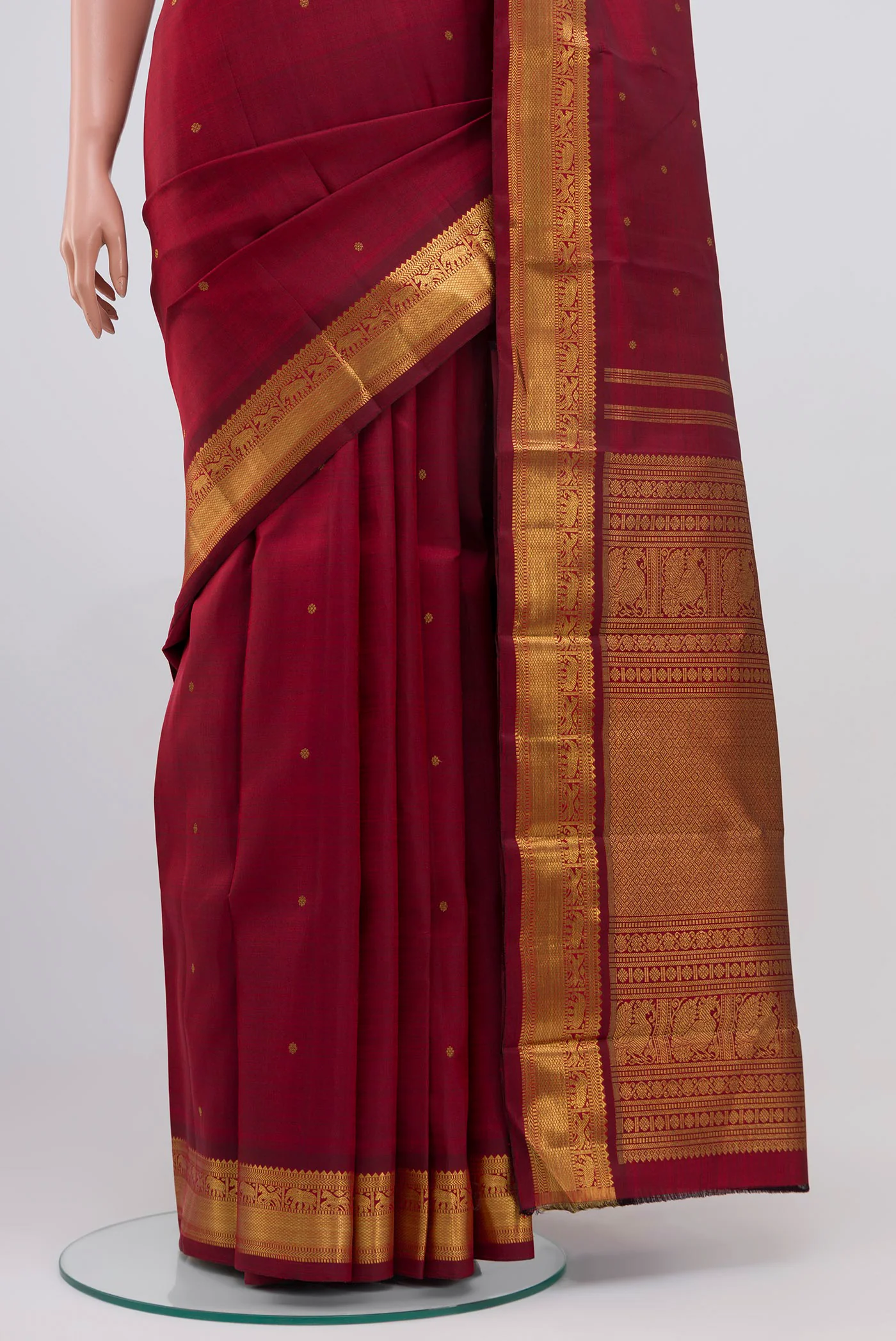 Pure Silk Pure Zari Maroon Kanchipuram Saree - Image 3