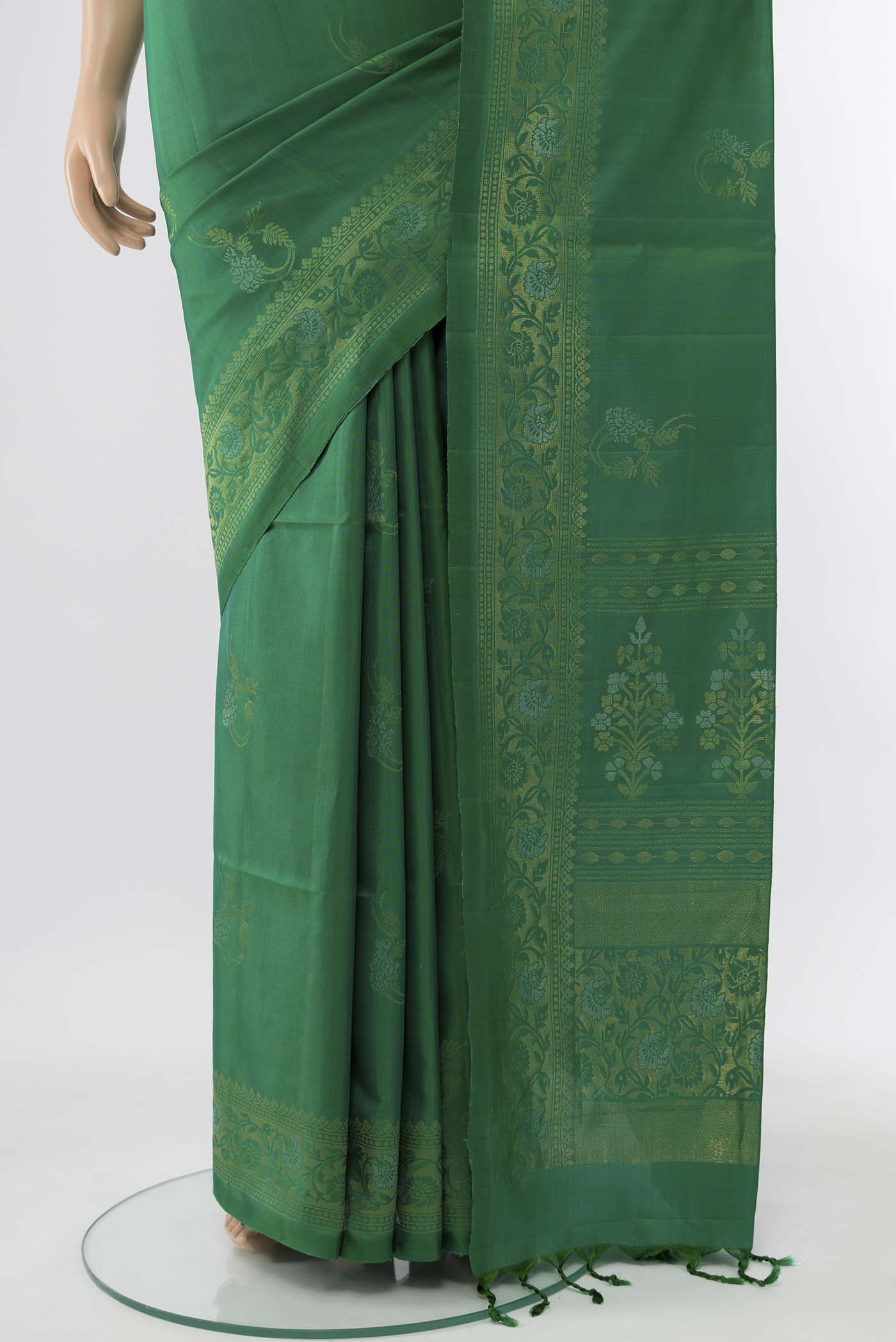 Pure Silk Pure Zari Mehandi Green Soft Saree - Image 3