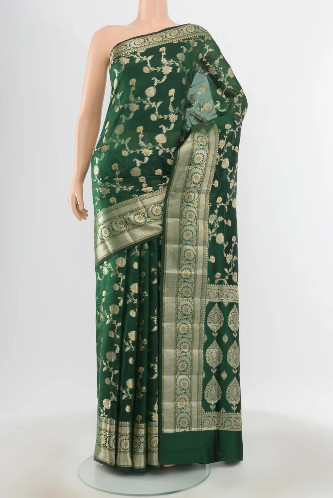 Bottle Green Banarasi Raw Silk Saree