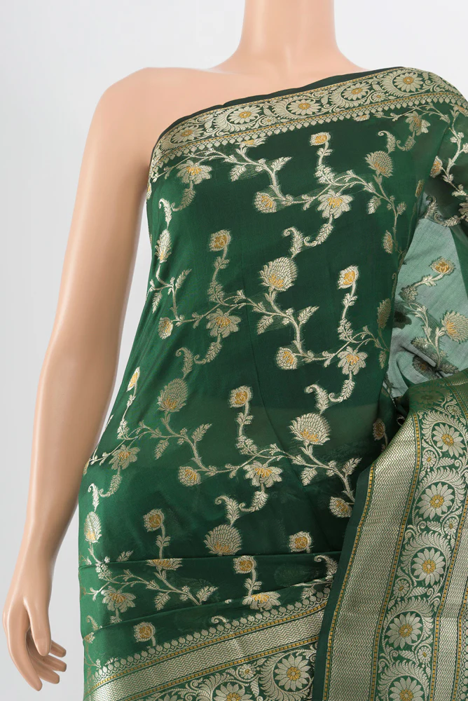 Bottle Green Banarasi Raw Silk Saree - Image 2