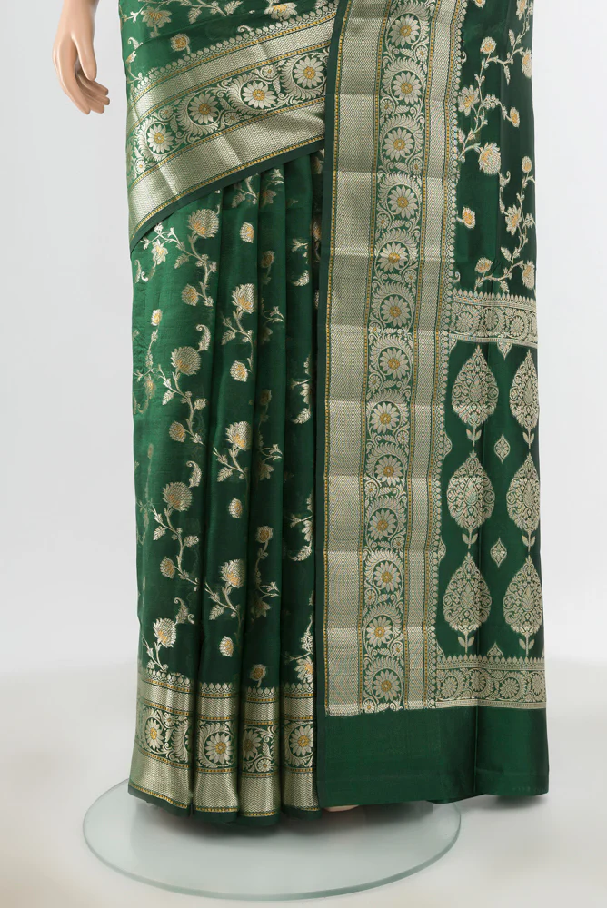 Bottle Green Banarasi Raw Silk Saree - Image 3