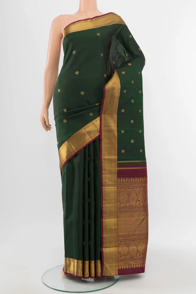 Pure Silk Pure Zari Bottle Green Kanchipuram Saree