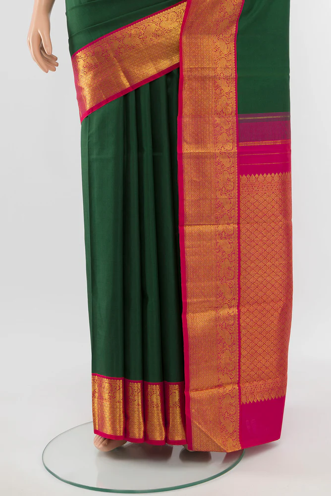 Pure Silk Pure Zari Bottle Green Kanjivaram Saree - Image 3