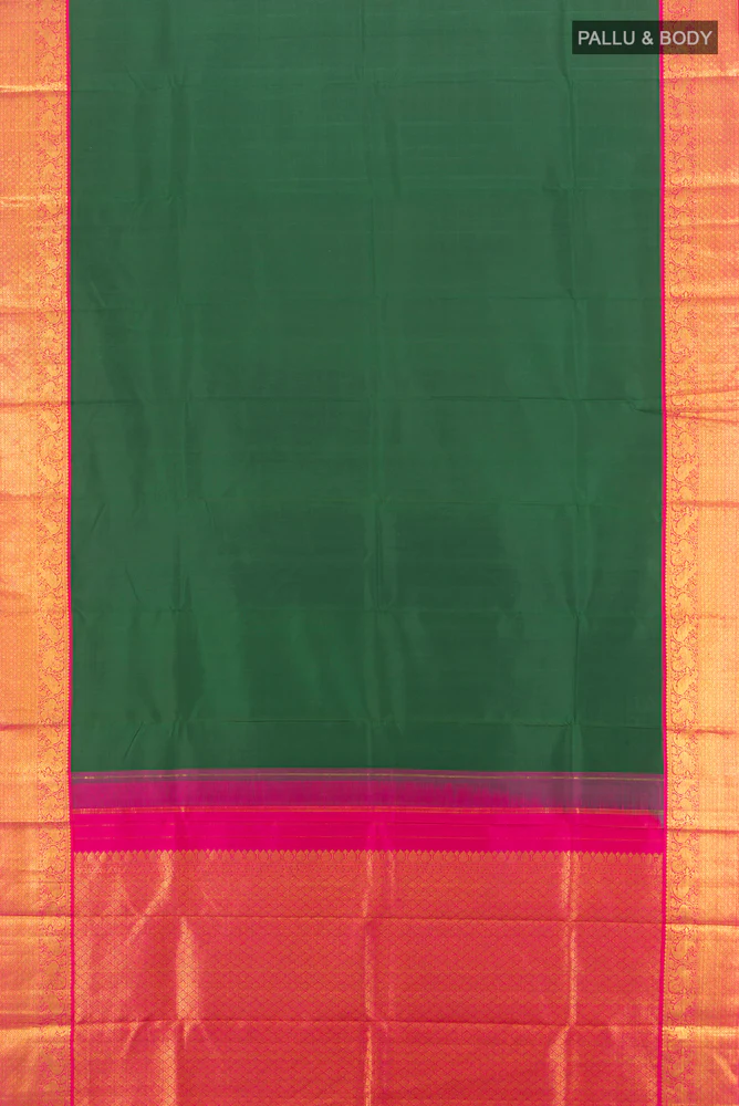 Pure Silk Pure Zari Bottle Green Kanjivaram Saree - Image 5
