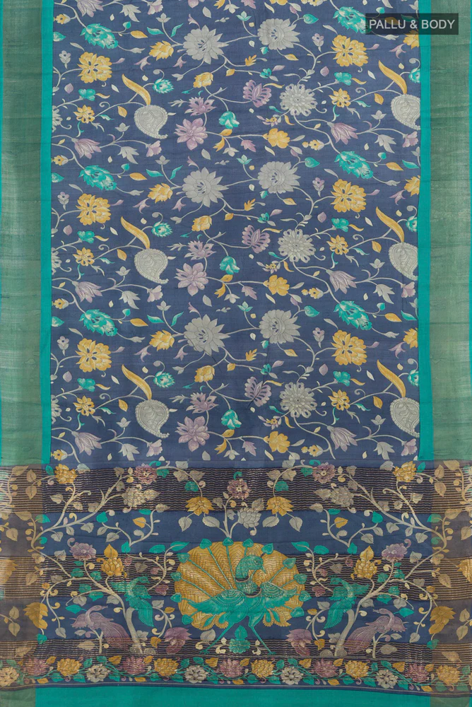 Blue Grey Tussar Silk Saree - Image 5