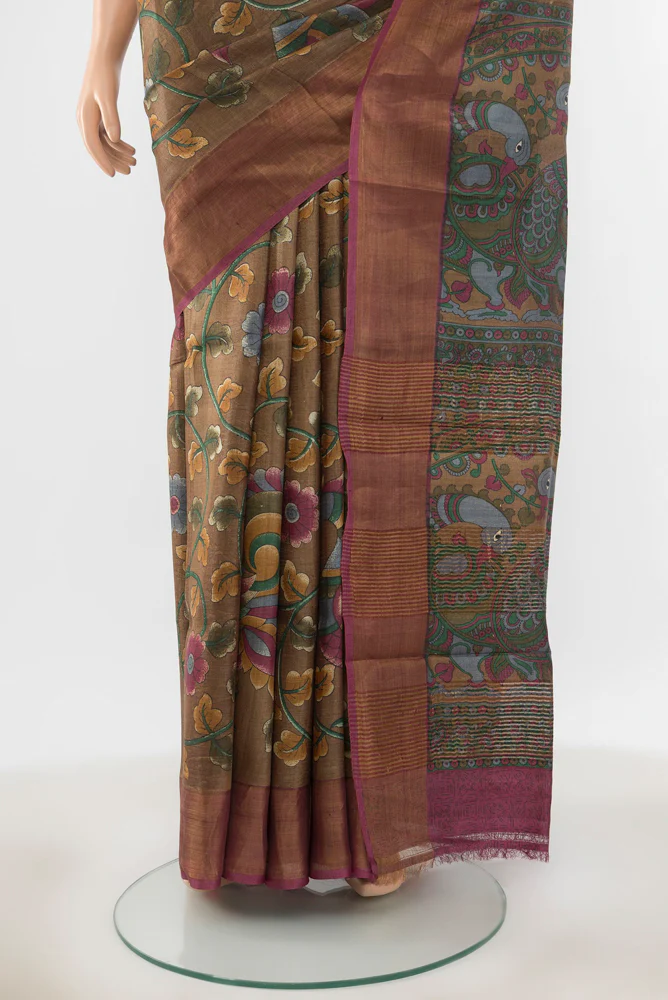 Dark Beige Tussar Silk Saree - Image 3