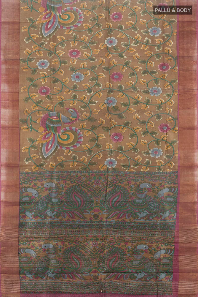 Dark Beige Tussar Silk Saree - Image 5