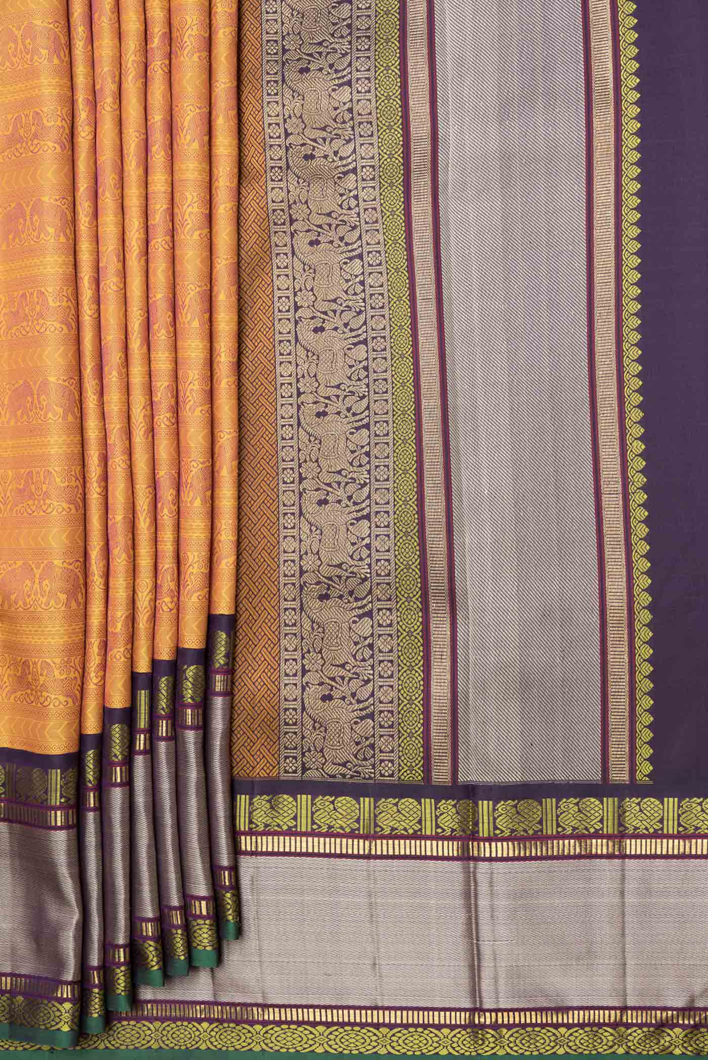 Pure Silk Pure Zari Mustard Dual Tone Kanjivaram Saree - Image 4