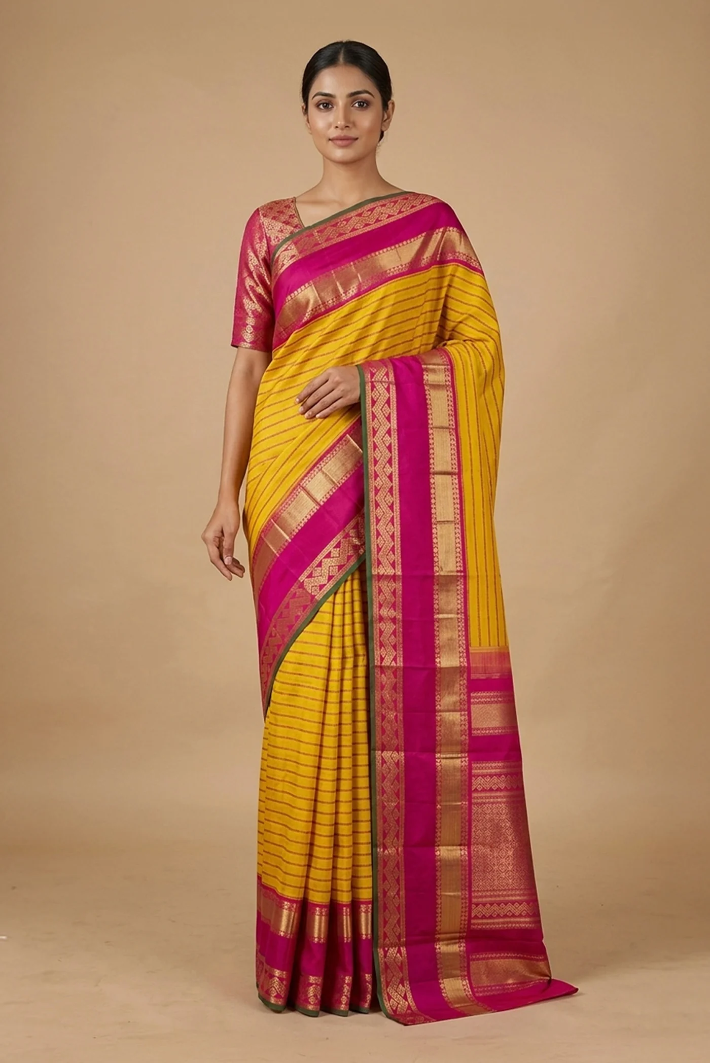 Pure Silk Pure Zari Mustard Dual Tone Kanjivaram Saree