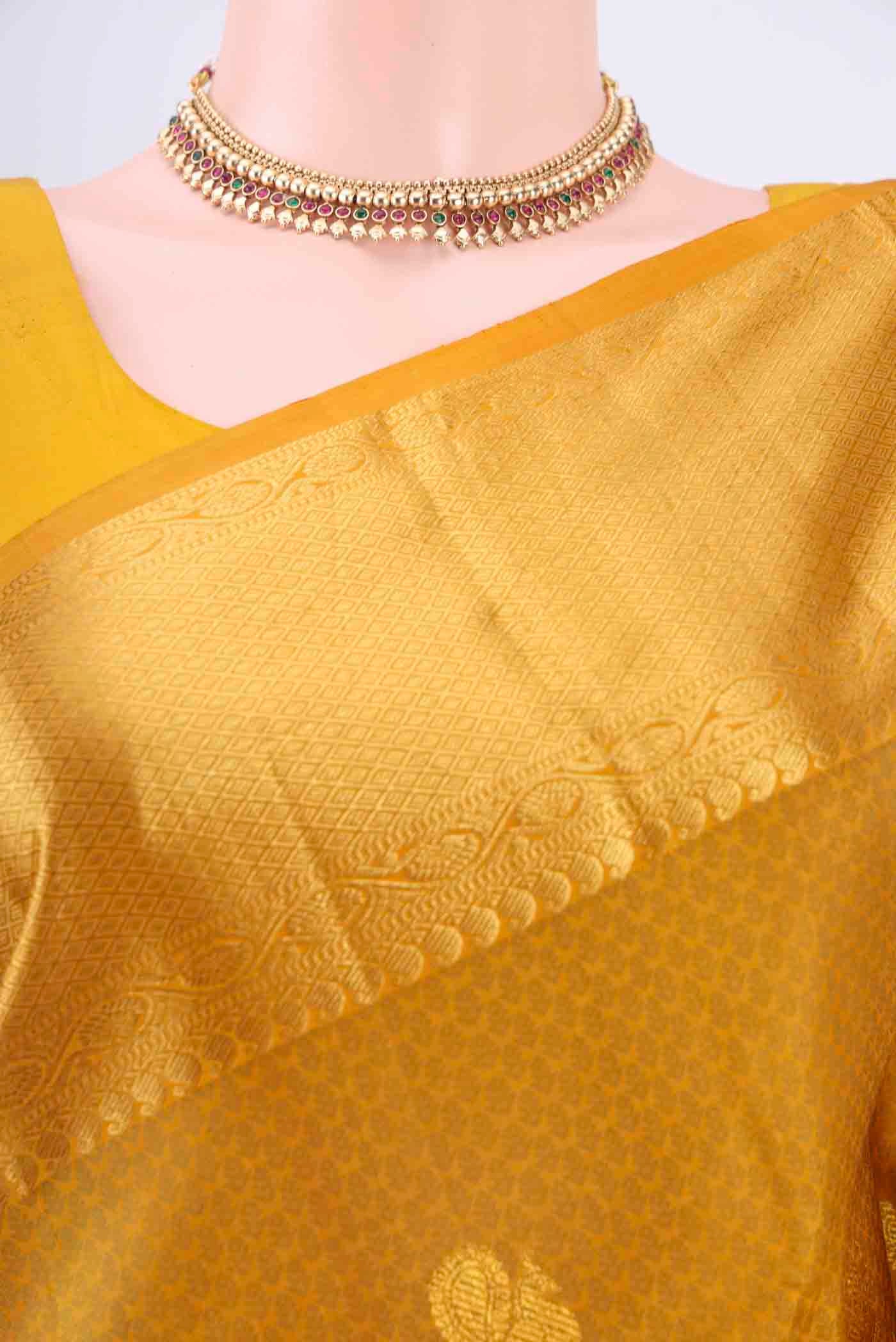 Pure Silk Pure Zari Mustard Kanjivaram Saree - Image 2