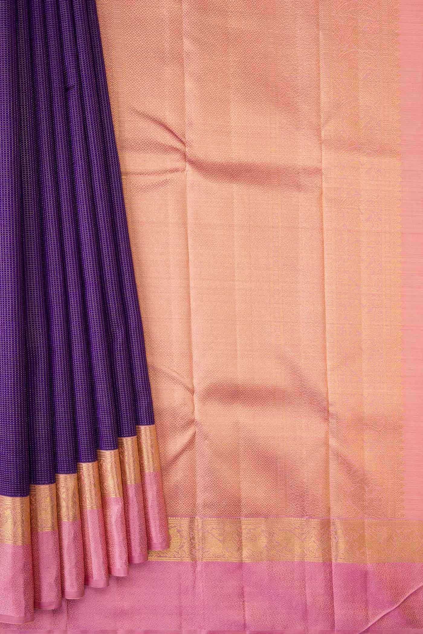 Pure Silk Pure Zari Navy Blue Dual Tone Kanjivaram Saree - Image 4