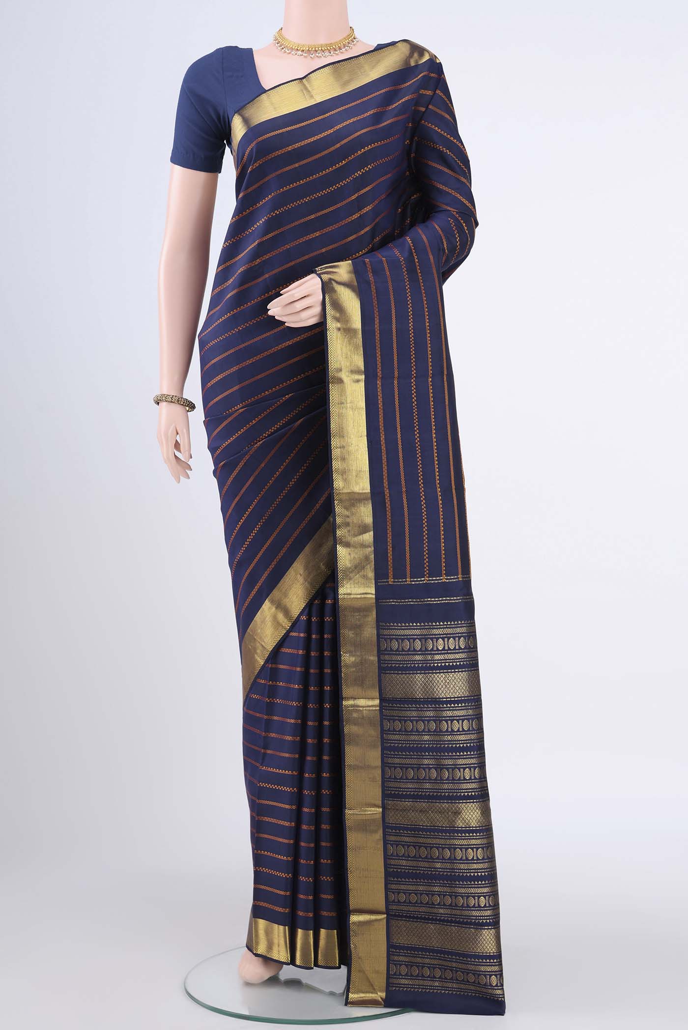 Pure Silk Pure Zari Navy Blue Kanchipuram Saree