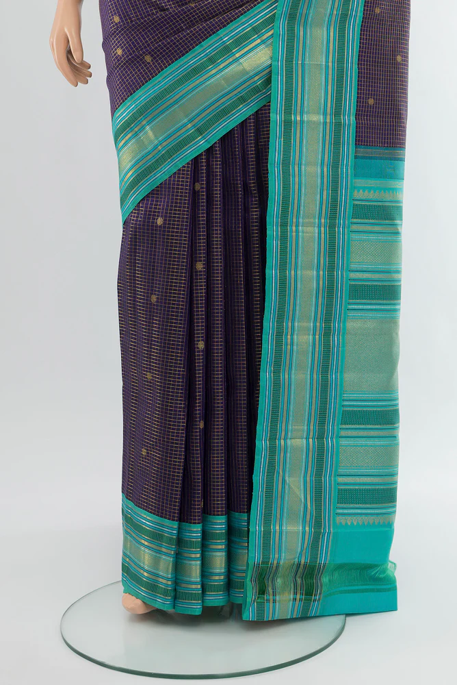 Pure Silk Pure Zari Navy Blue Kanchipuram Saree - Image 3