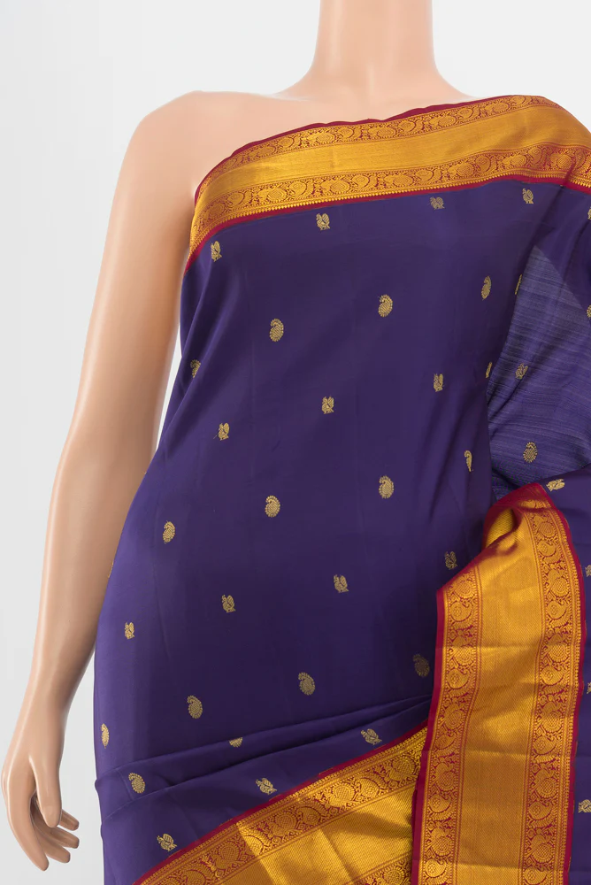Pure Silk Pure Zari Dark Blue Kanjivaram Saree - Image 2