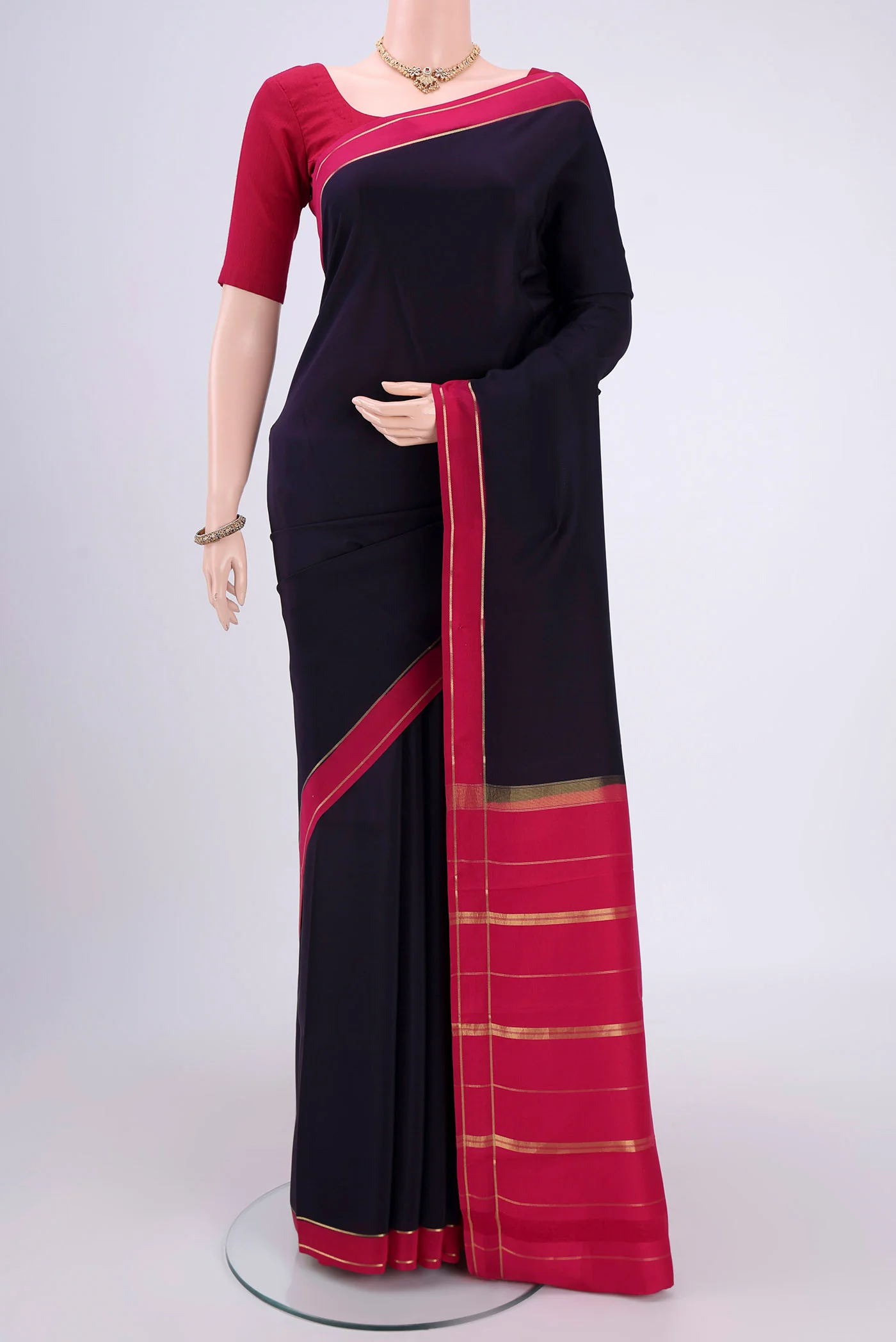 Pure Silk Pure Zari Navy Blue Mysore Crepe Saree