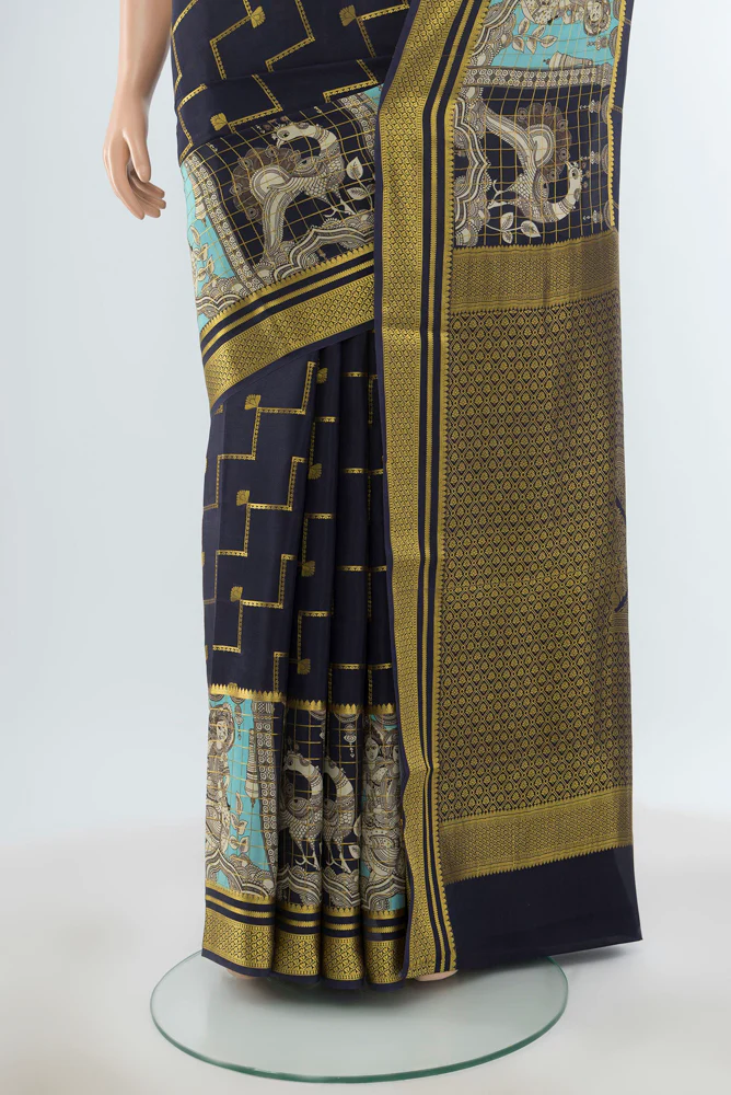 Navy Blue Mysore Crepe Saree - Image 3