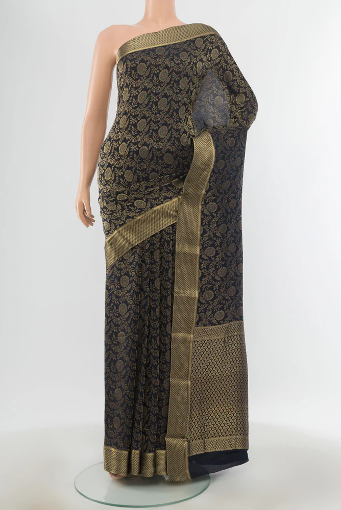 Navy Blue Mysore Crepe Saree