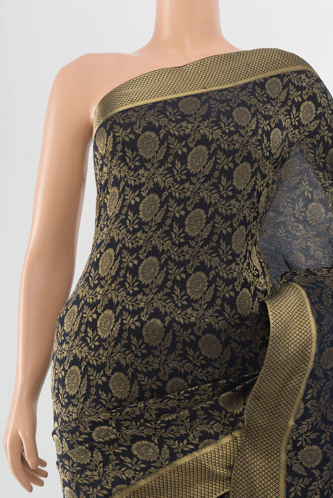 Navy Blue Mysore Crepe Saree - Image 2